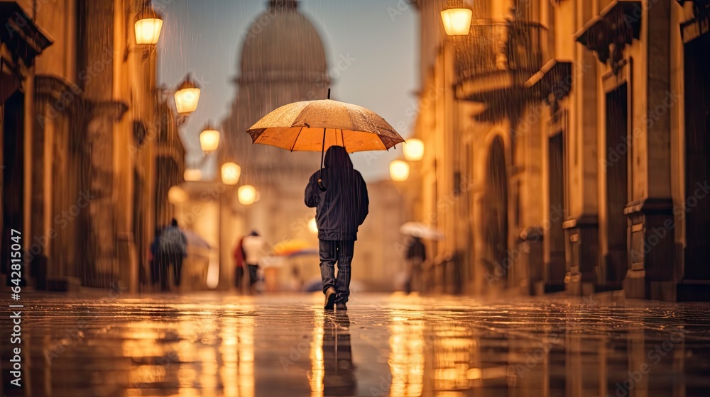 a man walking in the rain holding an umbrella and looking at the dome of st pauls cathedral, paris