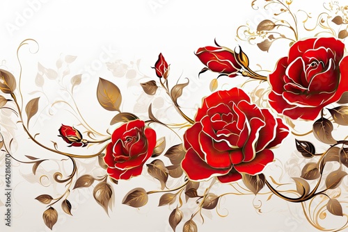 Graphic Gold line art red roses flowers pattern, white background photo