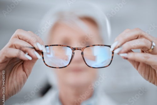 Optometry, consulting and pov with doctor and glasses for vision, eye care and assessment. Help, healthcare and wellness with closeup of person in clinic for shopping, insurance and ophthalmology