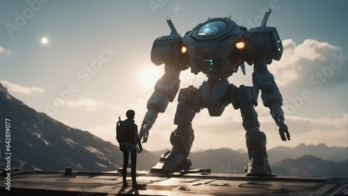 A young boy is confronted by a futuristic mecha exoskeleton