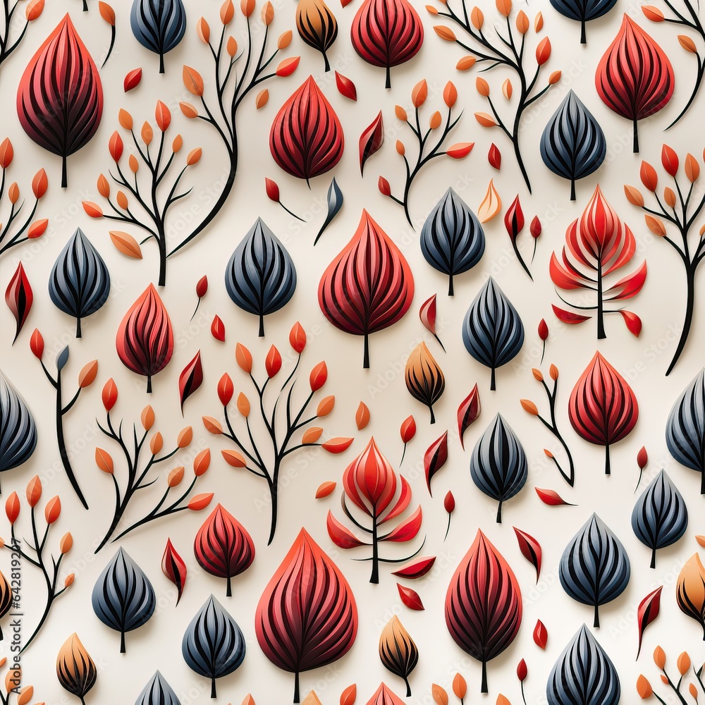A seamless fall pattern featuring abstract red and blue trees within a forest, evoking an artistic representation of the season. Illustration, Generative AI A seamless fall pattern featuring abstract red and blue trees within a forest, evoking an artistic representation of the season. Illustration, Generative AI