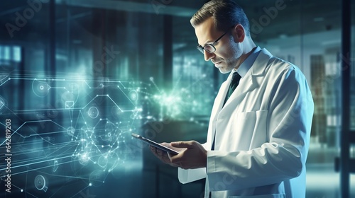 Doctor working on digital tablet on hospital background, concept healthcare , 16:9