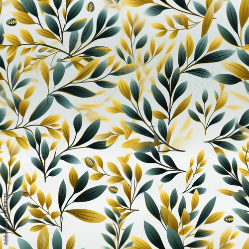 A seamless fall pattern with soft-toned light green and yellow leaves against a white background, creating a gentle design reminiscent of the season's tranquility. Illustration, Generative AI