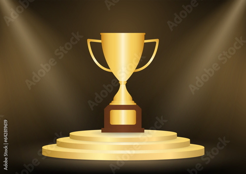 Golden Trophy Cup or Winner Cup Award on Stage Podium. Winner Podium. Champion and Winning or Celebration Concept. Vector Illustration.