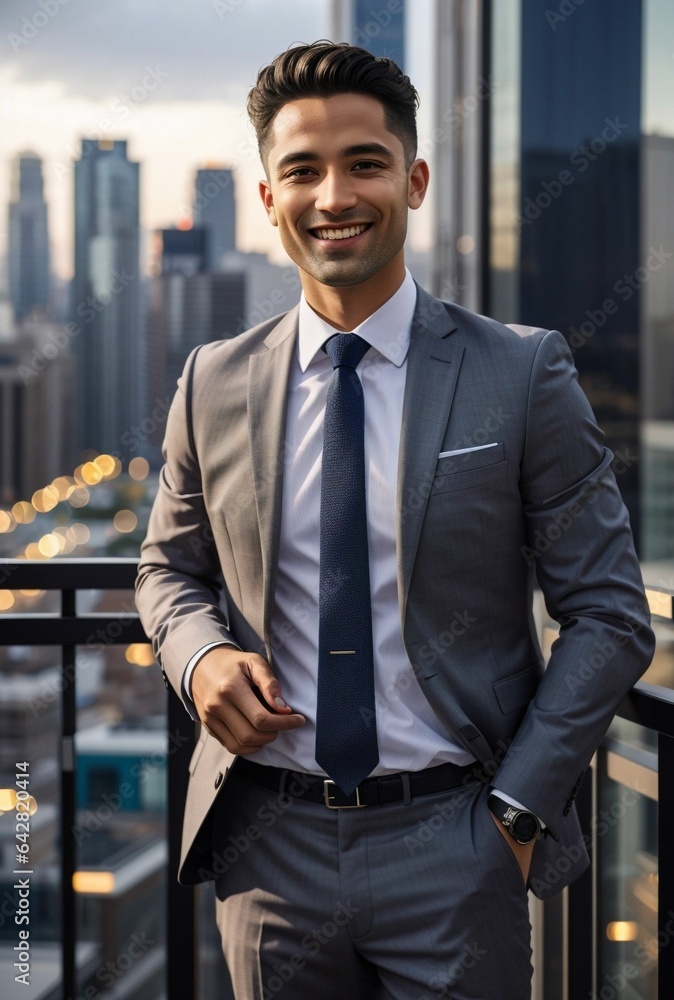 Portrait of a a successful businessperson stands against a vibrant cityscape, their joyful smile representing the rewards of hard work and dedication. Ideal for conveying the essence of success.