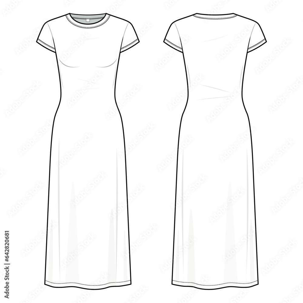 TShirt Maxi Dress technical fashion illustration. Tee shirt dress