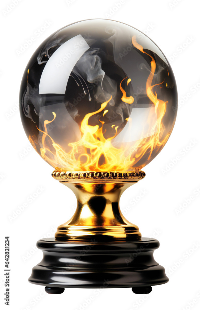 Ball for divination. Luxurious fortune teller glass ball with mist/smoke and fire inside. Realistic witch ball on a black and gold stand. Isolated on a transparent background. Ball for divination. Luxurious fortune teller glass ball with mist/smoke and fire inside. Realistic witch ball on a black and gold stand. Isolated on a transparent background.