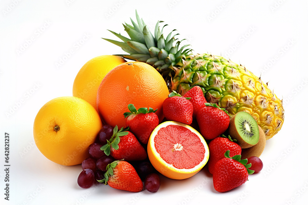 Fruits isolated on white background. Strawberry, orange, pineapple, grapefruit