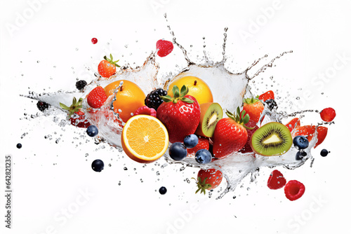 Water splash with fruits and berries isolated on white background. Fresh food. Fruit splashing into water on a white background. Isolated