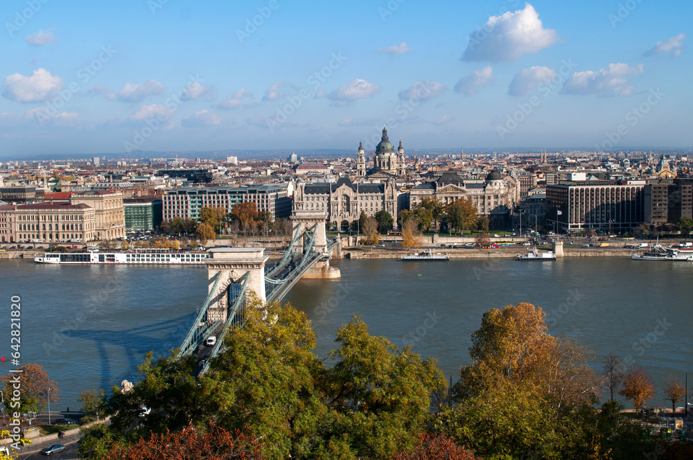 View of Budapest city skyline (Hungary) with Danube river and chain bridge.