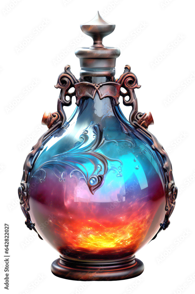 Realistic elixir/magic potion in a glass bottle. Witch's colorful potion. Isolated on a transparent background. - obrazy, fototapety, plakaty 