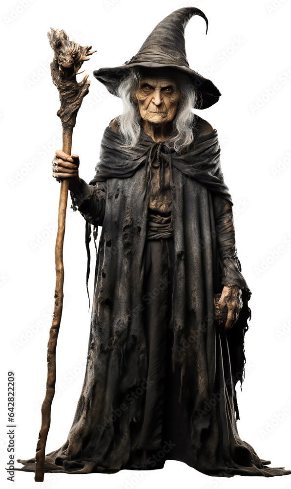 Witch in full growth. An old evil scary witch in a hat and with a staff in her hand. Isolated on a transparent background.