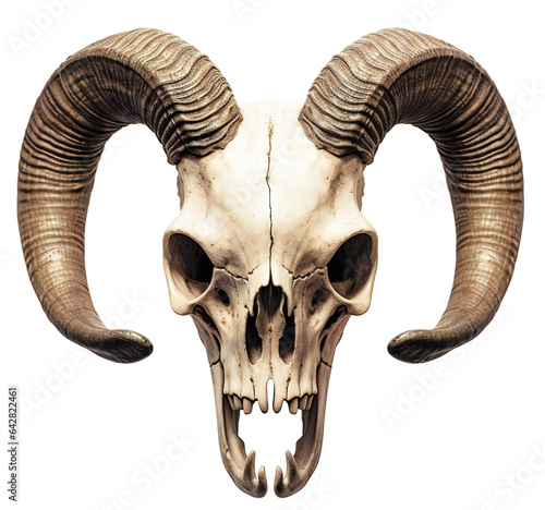 Skull with horns. Sheep skull. Gloomy, gothic animal skull. Isolated on a transparent background.