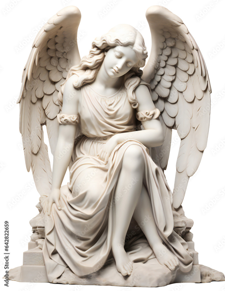 Fototapeta premium Cemetery architecture. Sculpture/Statue of an angel with wings on a grave. The angel is sitting. Headstone with an angel. Isolated on a transparent background.