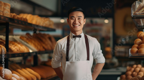 An Asian entrepreneur smiles in front of their bakery, where delicious treats bring joy to the community