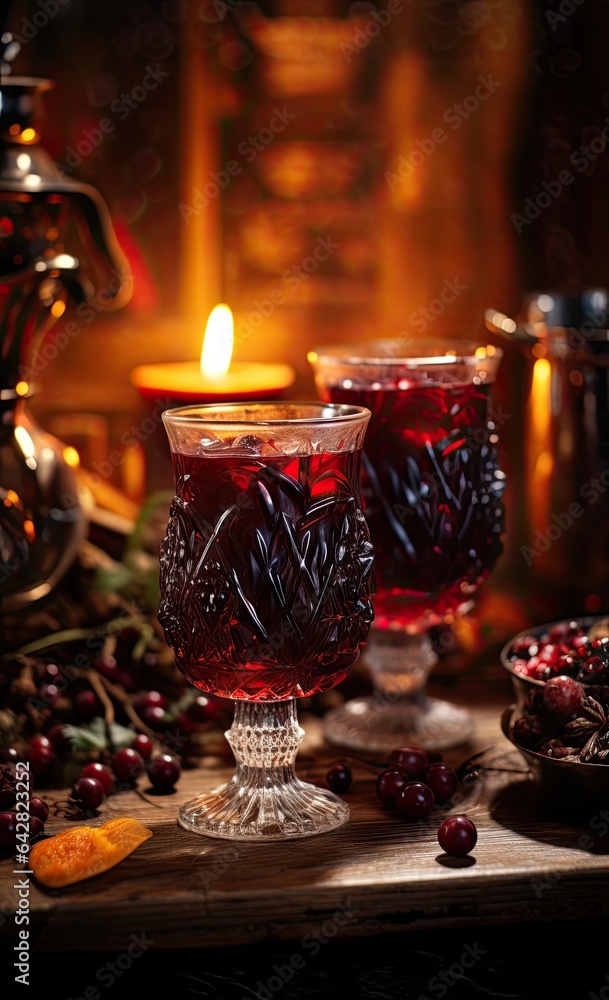 two glasses filled with cran wine on a wooden table in front of a fireplace and lit by a candle