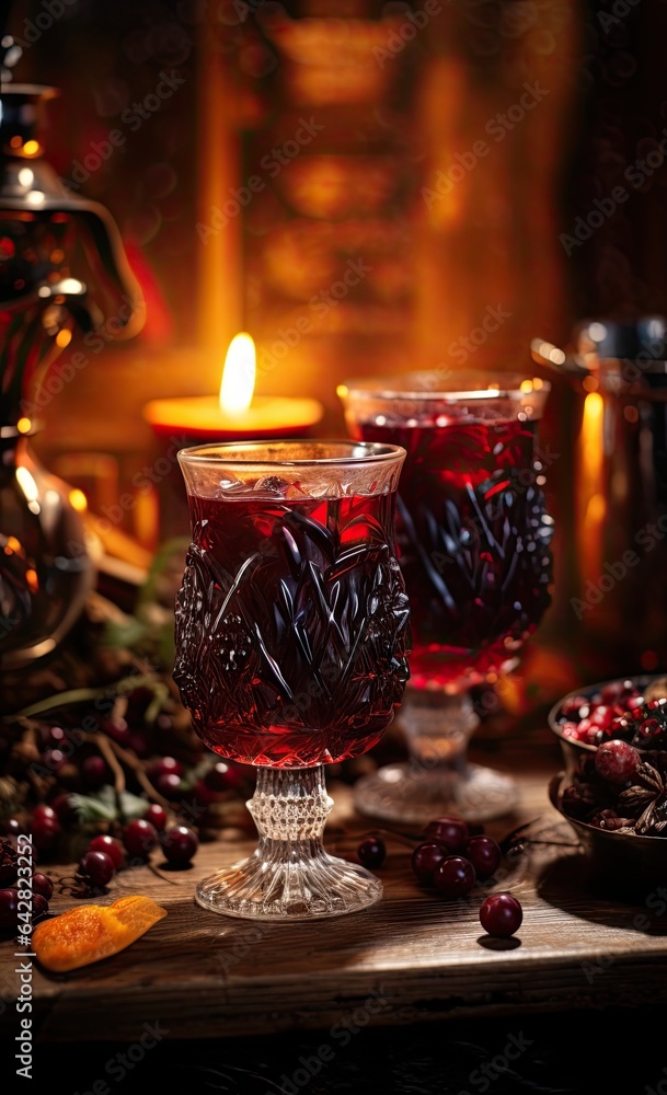Naklejka premium two glasses filled with cran wine on a wooden table in front of a fireplace and lit by a candle