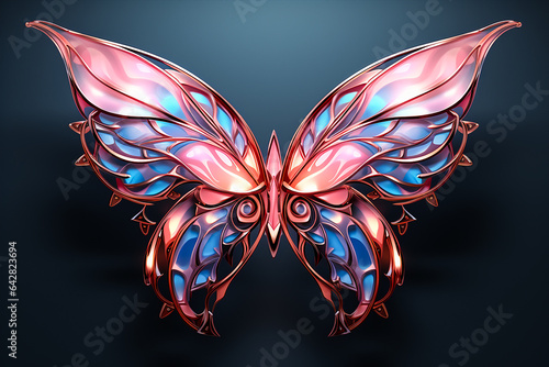 Pink and blue neon geo-symmetric wings on a fark background. Futuristic shape, abstract modeling. Generative Ai photo