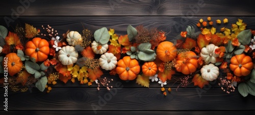 halloween pupmkin flowers fall autumn flatlay background, ai. photo