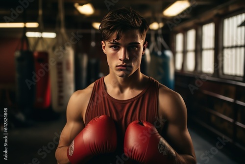 Portrait of a serious young Scandinavian boxer in the gym. He looking at camera after a workout.