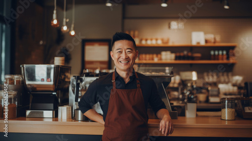 Fotografia An Asian business owner poses in front of their specialty coffee shop,  brewing