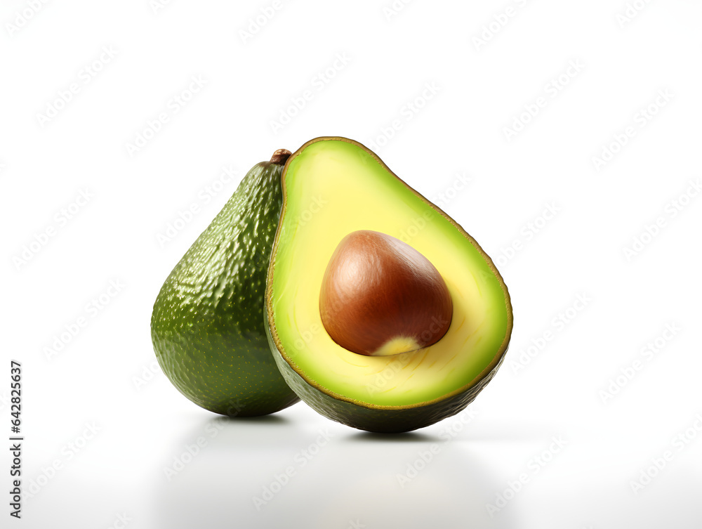 Avocado cut in half isolated on white background. Clipping path, fruits that are rich in good fatty acids and also help reduce bad cholesterol levels. High fiber helps with the digestive system