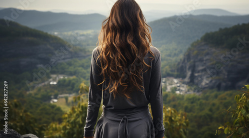 A young woman standing on top of a mountain and enjoying the view