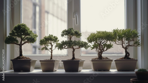 a selection of small bonsai plants on the window of minimalist design, wide shot, symmetrical, in the morning light