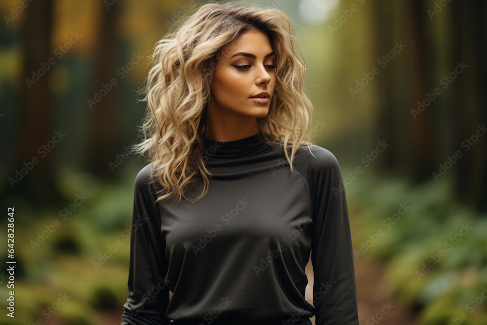 Beautiful young woman with long brown hair in black sportswear posing in the mountains Beautiful young woman with long brown hair in black sportswear posing in the mountains