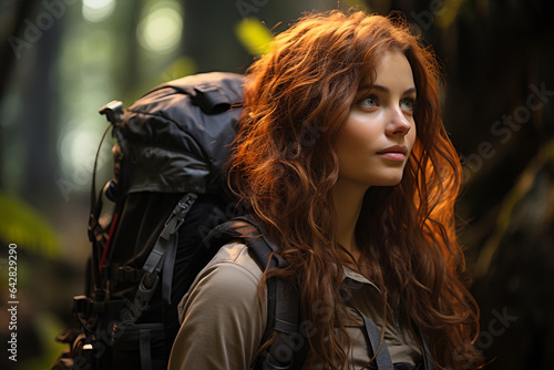 Portrait of a beautiful red-haired girl with backpack in the forest