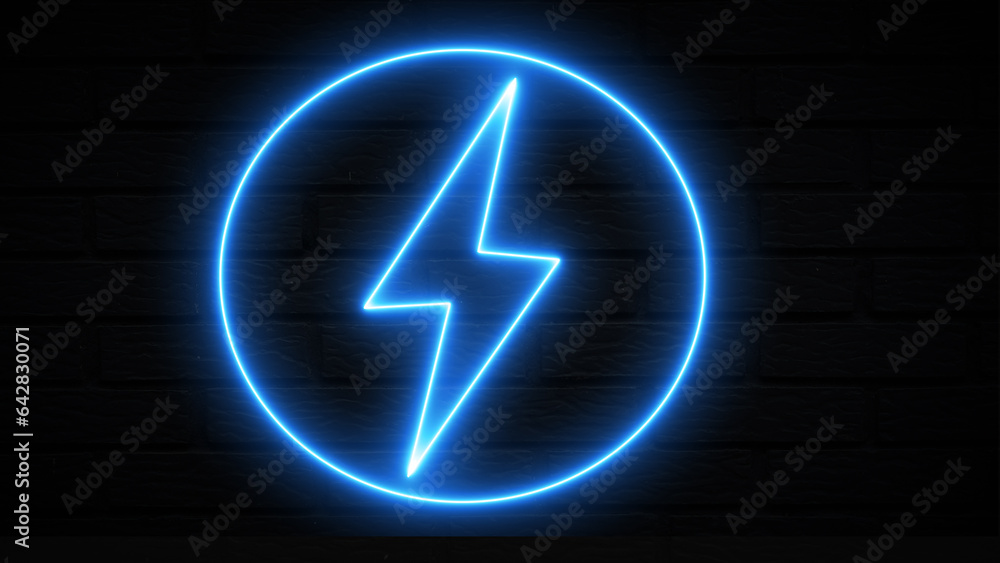 A glowing blue neon lightning bolt icon on a brick background. Energy ...