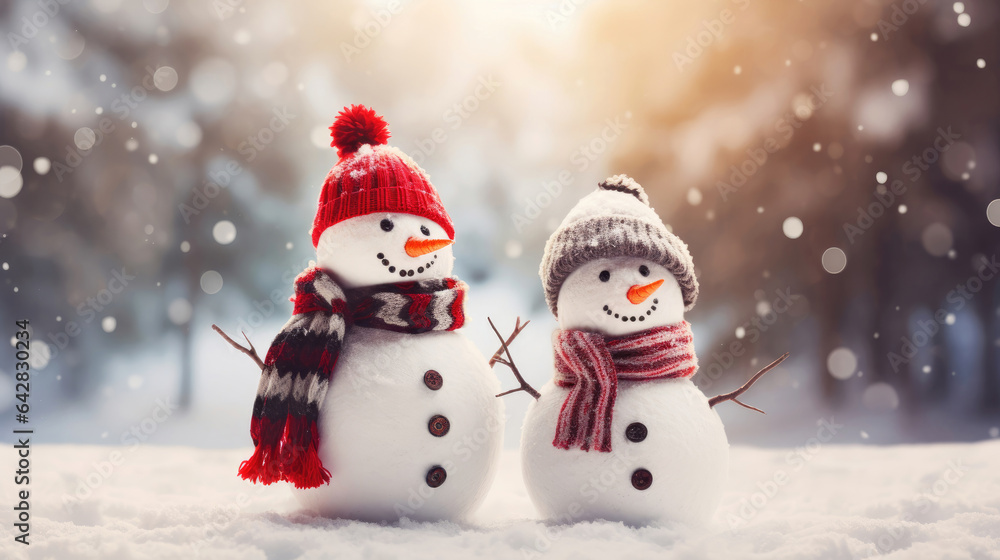 Christmas holiday banner of funny smiling snowmans with wool hat and scarf