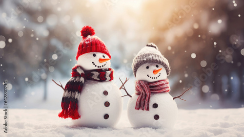 Christmas holiday banner of funny smiling snowmans with wool hat and scarf © Veniamin Kraskov