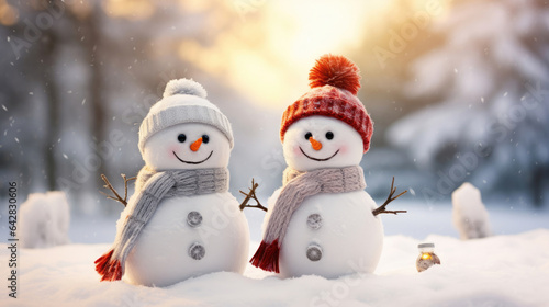 Christmas holiday banner of funny smiling snowmans with wool hat and scarf © Venka