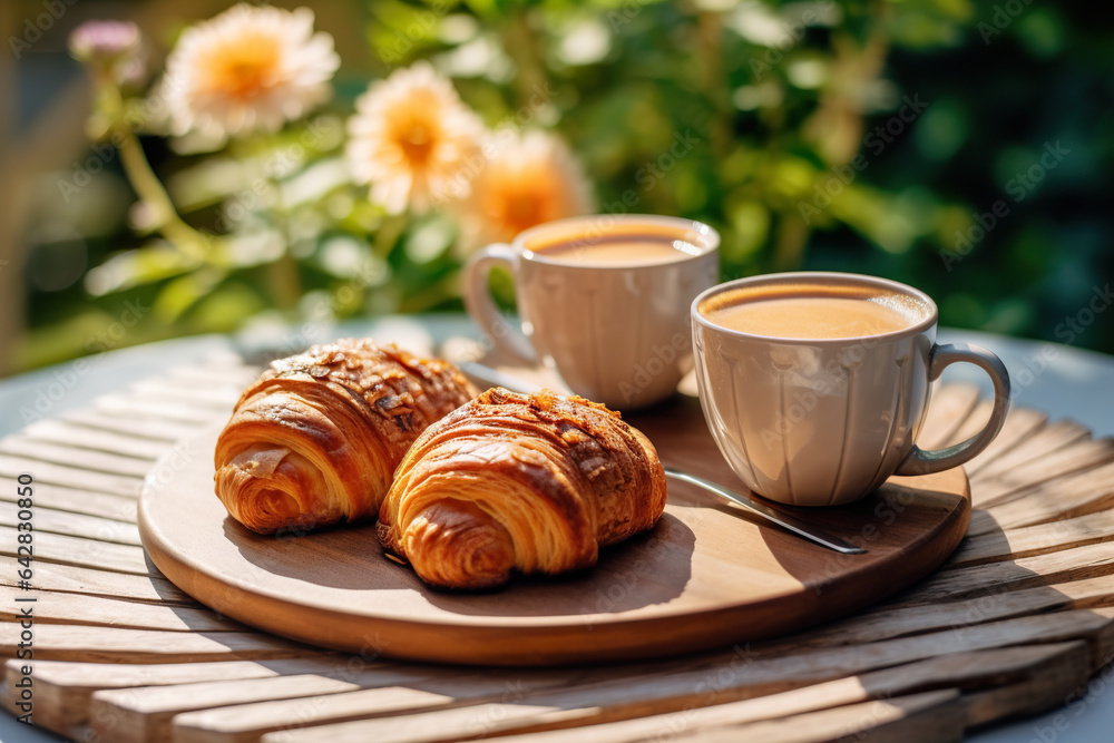 Two cups of coffee and croissants on a wooden table in the garden Two cups of coffee and croissants on a wooden table in the garden