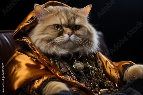 a fat red cat wearing human clothes, heavy golden chains and coins looking seriously and self-confidently ready to make a finance trade. photo
