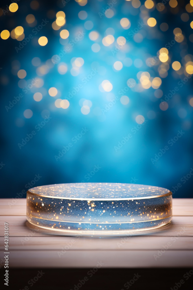 Christmas New Year Party: Blue & Gold Empty Table Counter Top, Podium Pedestal, Studio Background Golden Bokeh. Luxury Holiday, Product Mock up Display, Back Drop Abstract Living Room Space Interior. Christmas New Year Party: Blue & Gold Empty Table Counter Top, Podium Pedestal, Studio Background Golden Bokeh. Luxury Holiday, Product Mock up Display, Back Drop Abstract Living Room Space Interior.