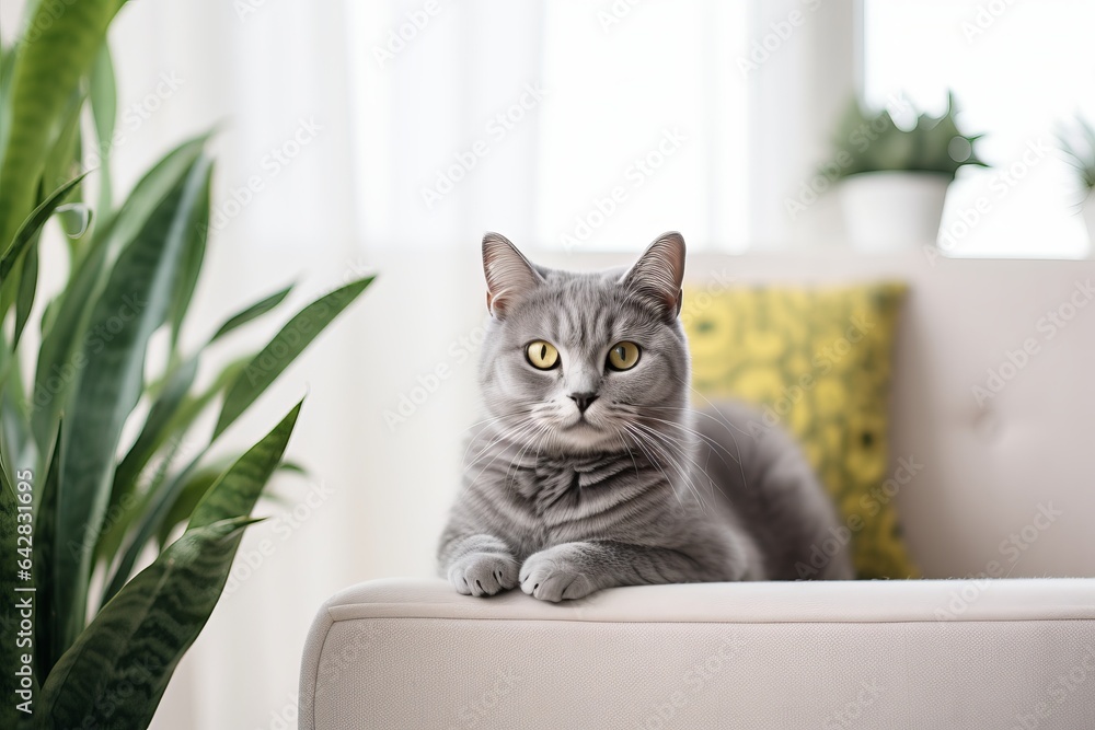 a big grey short hair british cat sitting on a couch in a room with white walls, many green house plants, much daylight, modern minimalistic scandinavian interior