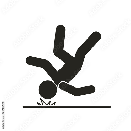 Isolated illustration of yellow triangle man falling from high surface, with head injury, for height fall risk safety danger sign