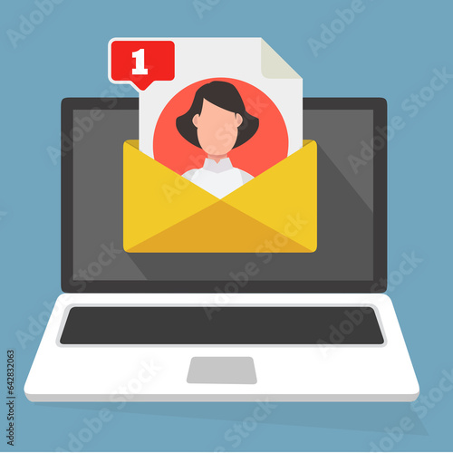 Bilde på lerret Laptop con busta e chat documento messaggio allerta 1 uomo donna avatar icona persona con contratto o modulo iscrizione sullo schermo