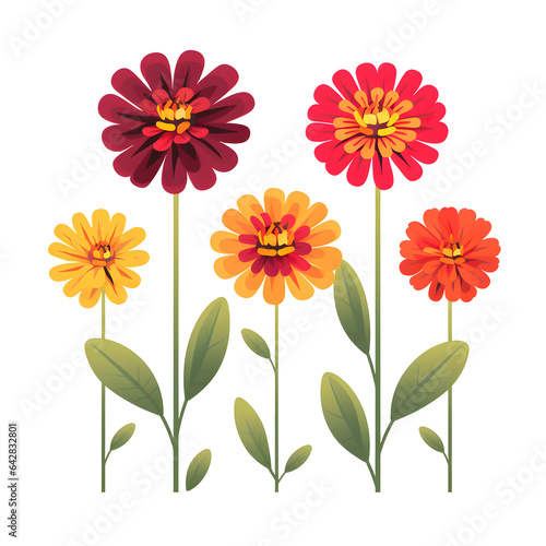 Zinnia flowers isolated on white background. Blossom Icons. Spring and Summer Blooming Plants, Isolated Floristic Elements for Design. Cartoon Illustration.
