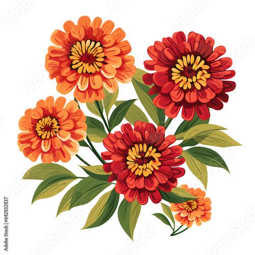 Zinnia flowers isolated on white background. Blossom Icons. Spring and Summer Blooming Plants, Isolated Floristic Elements for Design. Cartoon Illustration.