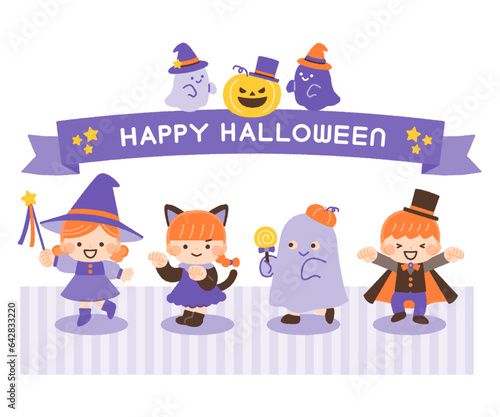 ハロウィンの仮装をする子供たちとリボン装飾のイラスト素材