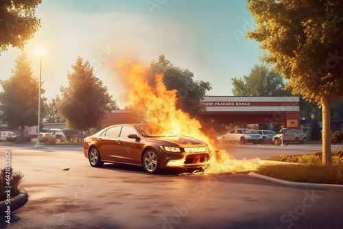 A car is on fire in a parking lot at summer day. Neural network generated in May 2023. Not based on any actual scene or pattern.