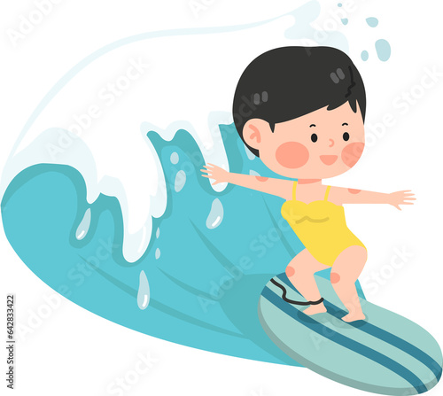 Cute kid girl riding surfboard withbig wave