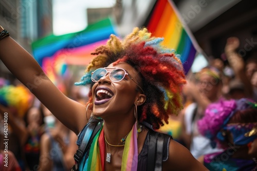 Vibrant colors, joy, and diversity of a Pride parade as it winds through the city streets, with participants proudly celebrating their LGBTQ+ identities. Generative Ai © P Stock