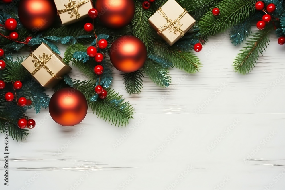 Christmas or New Year background, plain composition made of Xmas decorations and fir branches, flat lay, blank space for a greeting text. generative ai. Christmas or New Year background, plain composition made of Xmas decorations and fir branches, flat lay, blank space for a greeting text. generative ai.