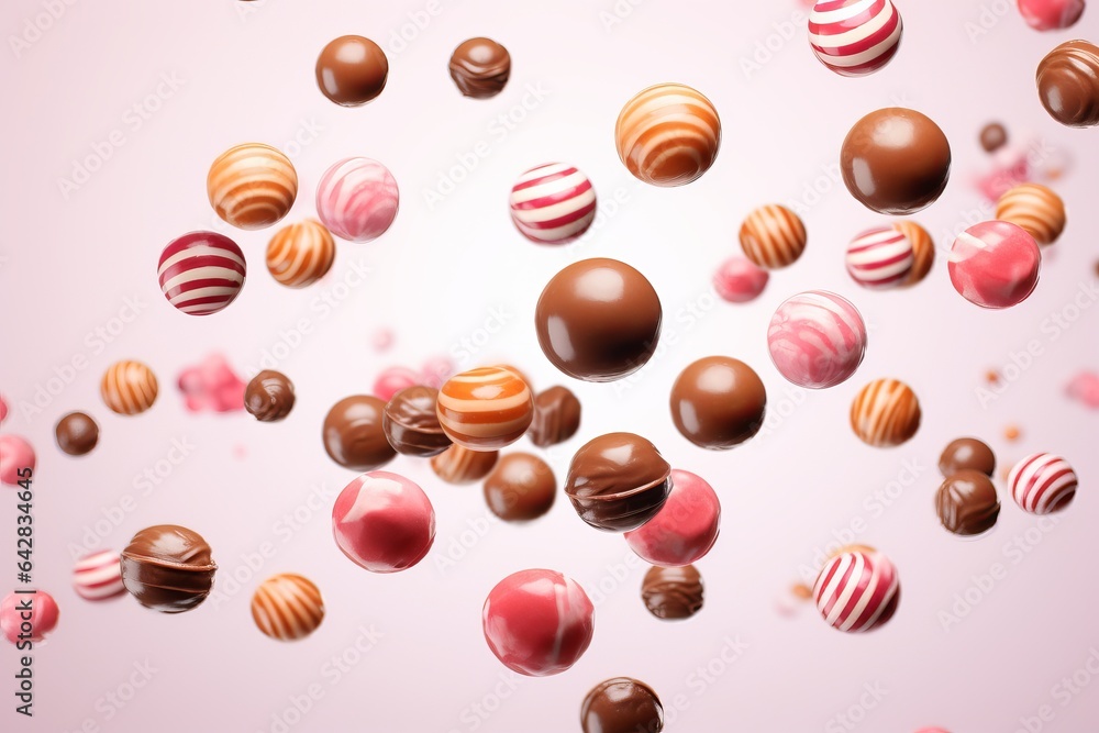 a clean detailed studio photo of assortment of chocolate candies and chocolate bar pieces flying in the air on pastel gradient background. Food ingredient levitation. a clean detailed studio photo of assortment of chocolate candies and chocolate bar pieces flying in the air on pastel gradient background. Food ingredient levitation.