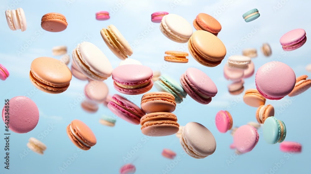 a clean detailed studio photo of colorful french baiser pastry macaron flying in the air on pastel gradient background. Food ingredient levitation a clean detailed studio photo of colorful french baiser pastry macaron flying in the air on pastel gradient background. Food ingredient levitation