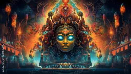 Obraz psychedelic woman full face colorful portrait. Neural network generated in May 2023. Not based on any actual scene or pattern.